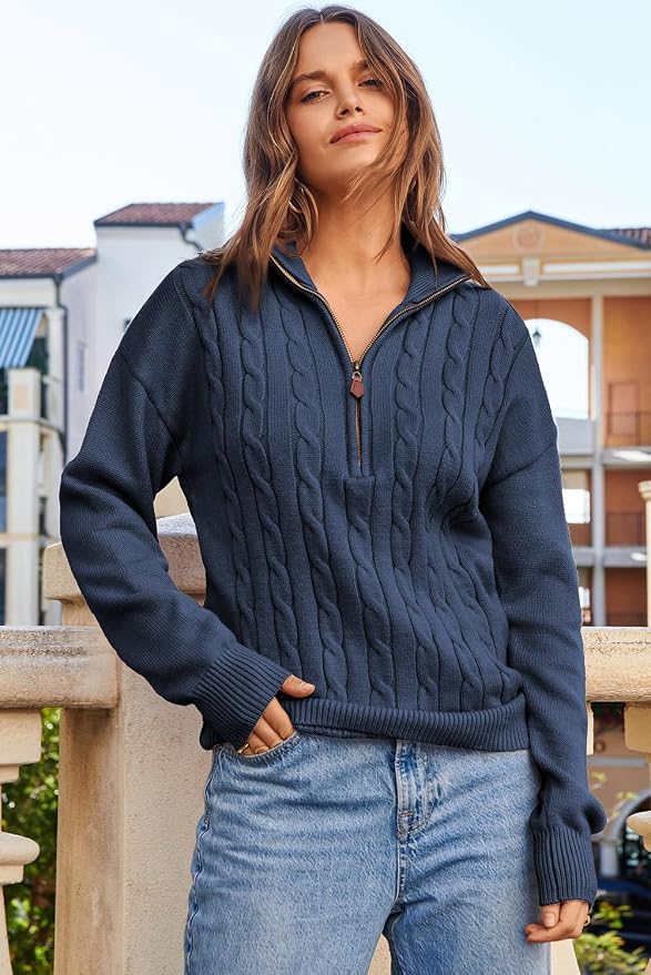 Dokotoo Women's Sweaters 2026 Fall Winter Quarter Zip Ribbed Cable Knit | Long Sleeve,Polo Neck,Lightweight Knit Pullover,Soft Comfy Tops,Casual Trendy Outfits,Fashion Clothing