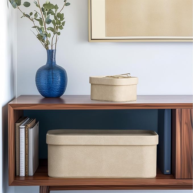 La Jolie Maison Faux Leather Decorative Storage Baskets, Ivory 3 Pack | PU Leather Stroage Boxes with Lids, Organizer for Jewelry and Vanity, Shelves, Drawers, Bedroom & Closet Storage Memory Box