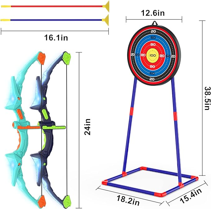 2 Pack Kids Bow and Arrow Set with LED Flash Lights, 14 Suction Cup Arrows and Fluorescence Standing Target-Perfect Indoor and Outdoor Game Archery Set Toy Gift for 4 5 6 7 8-12 Year Old Boys