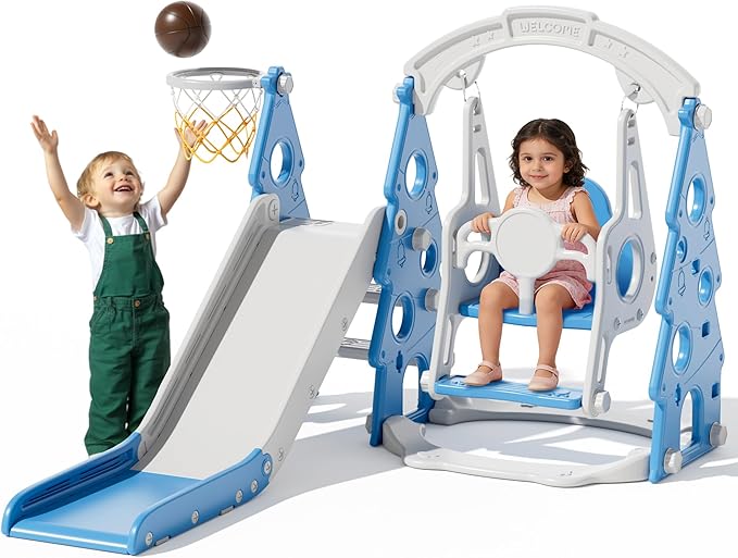 XJD 4-in-1 Toddler Slide and Swing Set, Kids Slide for Toddlers Age 1+, Toddler Outdoor Playset with Basketball Hoop, Swing, Christmas Birthday Gifts for Kids (Light Blue)