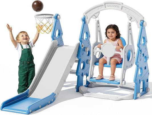XJD 4-in-1 Toddler Slide and Swing Set, Kids Slide for Toddlers Age 1+, Toddler Outdoor Playset with Basketball Hoop, Swing, Christmas Birthday Gifts for Kids (Light Blue)