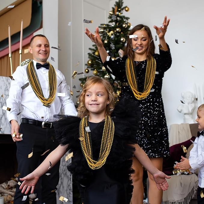 YAXINRUI 120 PCS Gold Black New Year Necklaces, New Year Bead Party Favors, Happy New Year Necklace, 33‘’ Gold Black Beaded Necklaces for 2026 New Years Eve Christmas Halloween Festive Events