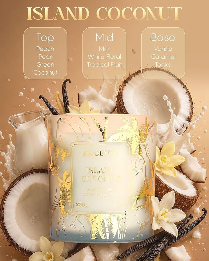 M&SENSE Coconut Soy Candle, 8.1oz Gilded Glass Summer Island | 42H Slow Burn, Natural Soy Wax, Gilded Glass, Tropical Coconut, Sensitive-Friendly