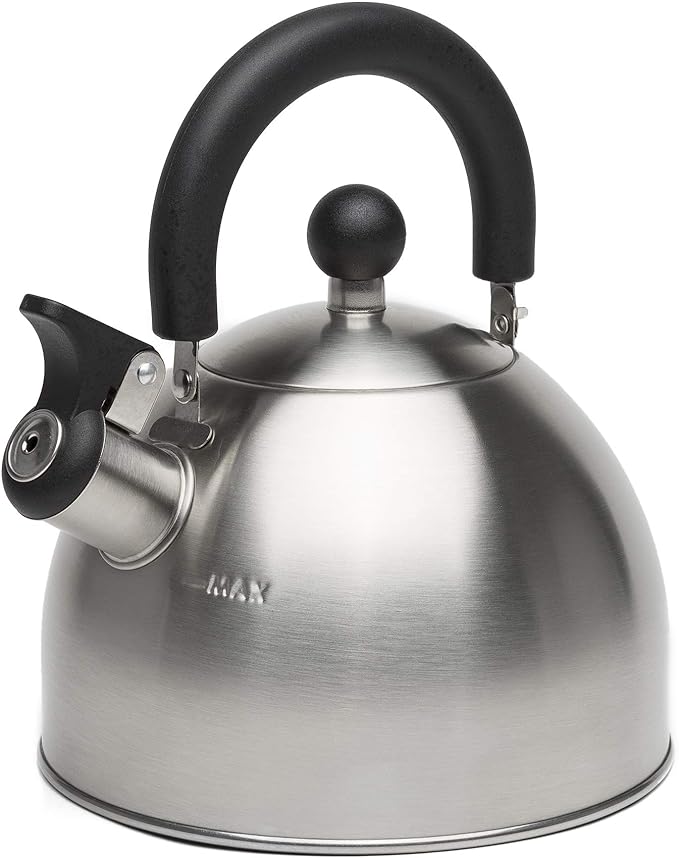 Primula Stewart Whistling Tea Kettle for Stovetop, Stainless Steel Stove Top Kettle with Fast Boil Whistling Spout and Cool Touch Folding Handle, 1.5-Quart, Brushed Silver with Black Handle