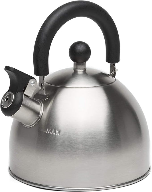Primula Stewart Whistling Tea Kettle for Stovetop, Stainless Steel Stove Top Kettle with Fast Boil Whistling Spout and Cool Touch Folding Handle, 1.5-Quart, Brushed Silver with Black Handle