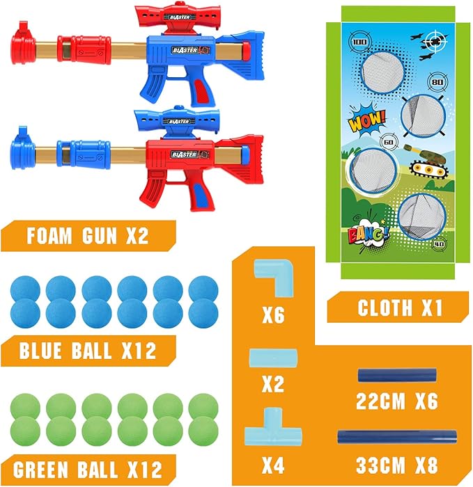 SpringFlower Shooting Game Toy for 5 6 7 8 9 10+ Years Olds Boys,2pk Foam Ball Popper Air Toy Guns with Standing Shooting Target,24 Foam Balls, for Kids