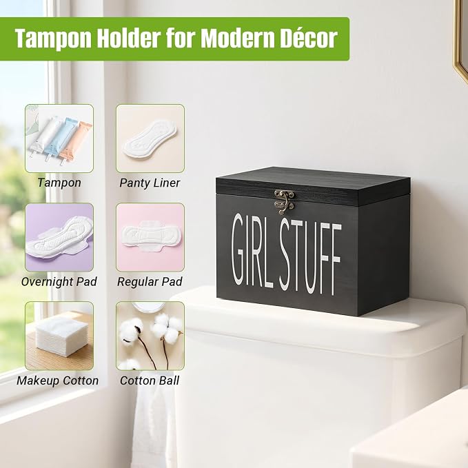 Wood Tampon Holder Box with Lid, Feminine Product Organizer, Girl Stuff Box for Bathroom & Vanity Counter, Tampon Storage, Bathroom Period Products, Toilet Organizer, Ideal Gift for Girl