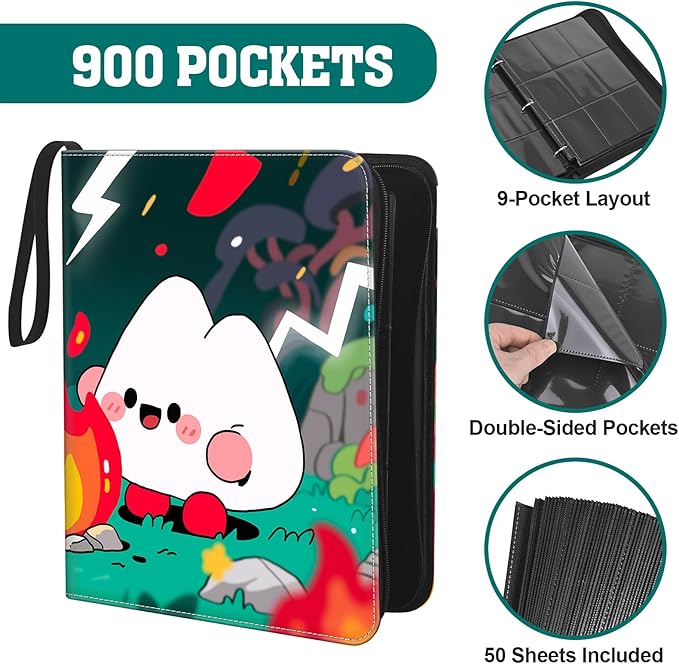 Trading Card Binder, 900 Pockets, 50 Sheets 9-Pocket, Refillable 3-Ring, Fits 2.5" x 3.5" Cards, Acid-Free PVC-Free Pages, Zip PU Cover with Strap, for TCG & Sports Cards – Campfire Design