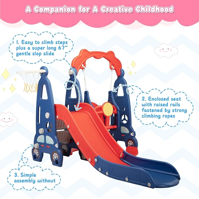 4 in 1 Slide Climber Swing Set, Freestanding Toddler Slide Climber Playset with Basketball Hoop, Toddler Playground Indoor Outdoor, Easy Setup (Red)