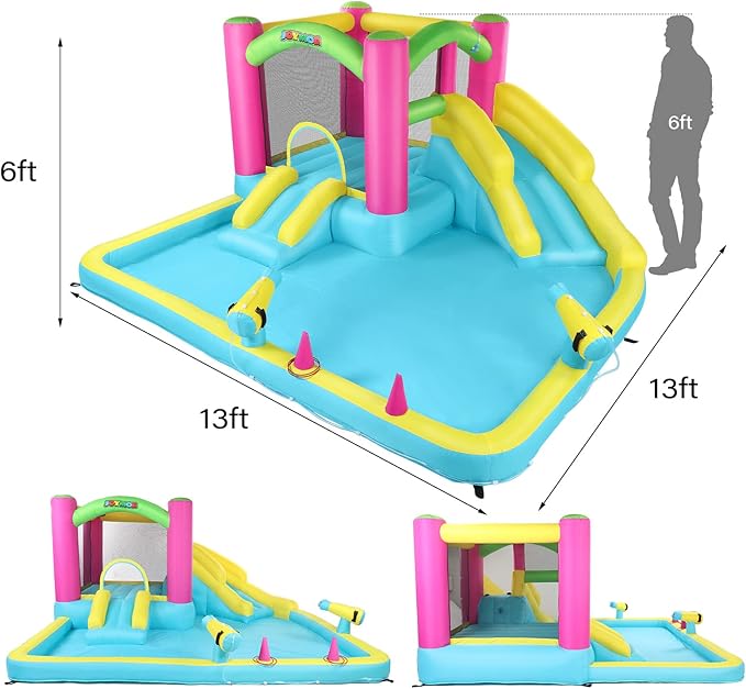 JOYMOR Inflatable Bounce House with Double Water Slide for Kids Toddler Age 3-10, Splash Pool Water Cannons, Ring-Toss Games for Outdoor Backyard Fun Water Toys, Indoor Bouncy Castle with Air Blower