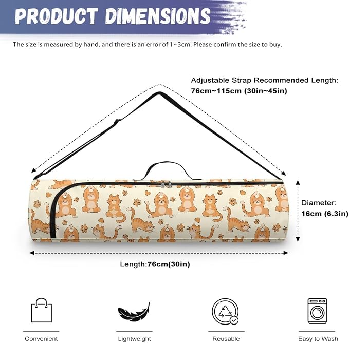 Yoga Mat Bag with Adjustable Shoulder Strap and Handle Zipper, 30in Wide x 6.3in Diameter for Yoga Mat Storage
