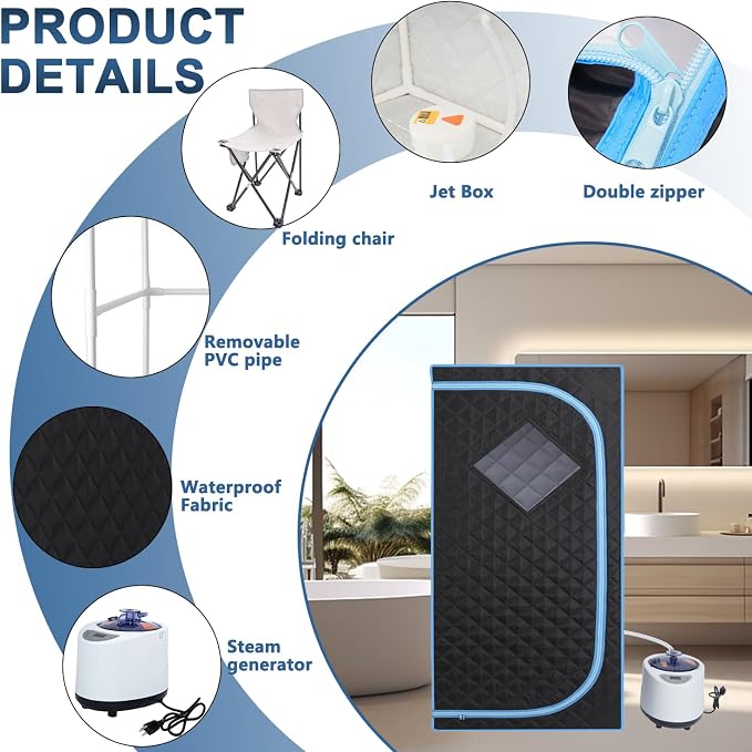 Portable Steam Sauna | Full Size Portablel Sauna Tent | Personal Home Sauna Spa | with 2.2L Water Injection Rate and 1000W Steam Generator, Portable Chair, Black (Blue Edge)