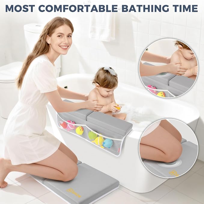 Bath Kneeler and Elbow Rest Pad Set - Comfortable 1.5” Thick Baby Bath Kneeler Pads with Toys Organizer, Non-Slip Knee Arm Support Bathtub Mat, Quick-Drying Kneeling Pad for Baby Bath Time