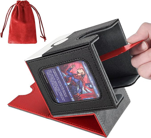 AFIING MTG Deck Box for Commander Display,Card Deck Case Fits 100 Double Sleeved Cards, Magic Commander TCG Card Storage Box with 2 Dividers,Dice Bag and 1 Toploader(Red Black)