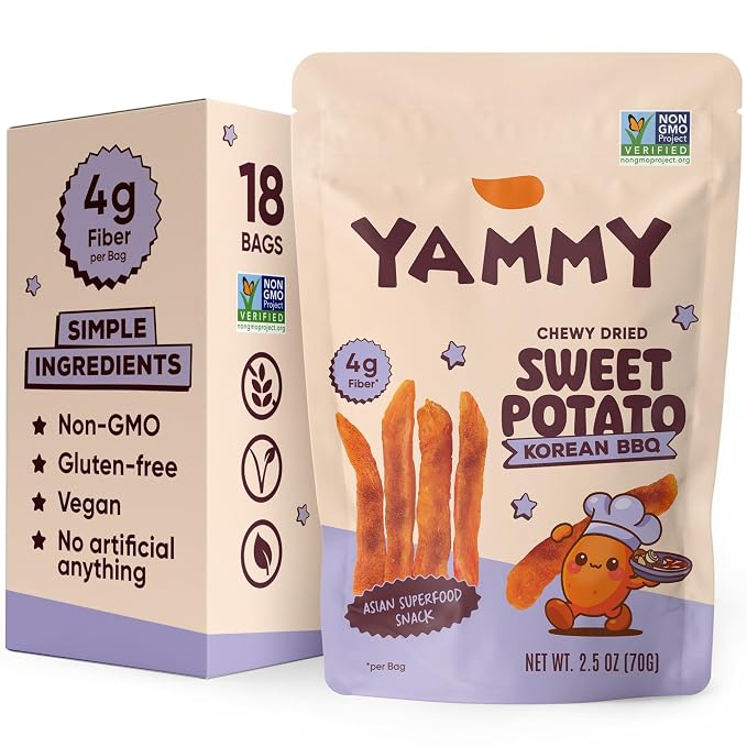 Yammy Chewy Dried Sweet Potato Sticks (Korean BBQ 18-Pack) - Healthy Asian Snack for Adults & Kids (Japanese & Chinese Super Food) - Vegan, Gluten-Free, 12 Vitamins & Minerals, 4g Fiber, 2.5oz