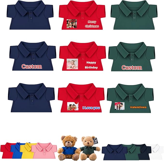 9 Pcs Personalized Teddy Bear Clothes with Name Photo, Stuffed Animal Clothes for Teddy Bears Fit 8-16 inch Stuffed Bear Outfit, Personalized Doll Clothing Make Your Own Plush Doll Shirt