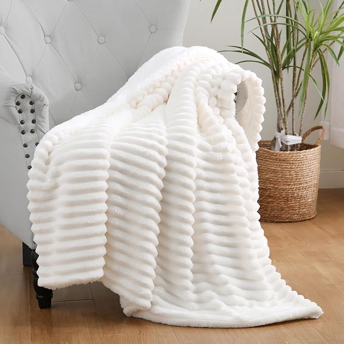 Cream White Sherpa Fleece Throw Blanket 50”×60” for Couch Sofa | Double Side Soft Fuzzy Cozy Plush Thick Flannel Blanket with Striped Design Gift for Adults,Woman