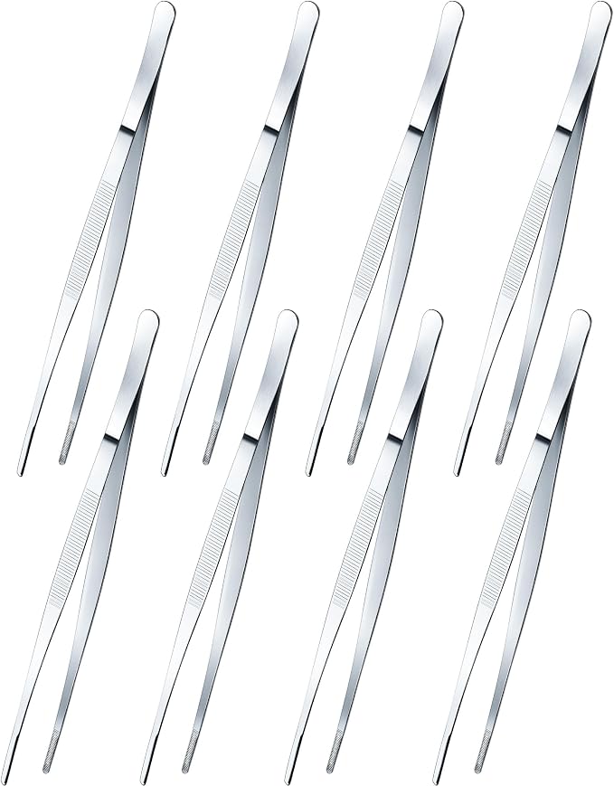 Yaomiao 8 Packs 8 Inch Bar Tweezers Silver Cocktail Tongs Long Garnish Tweezers Stainless Steel Bartender Kitchen Cooking Tongs for Cocktail Food Fruit Korean BBQ Bartender Chef, Multi-use