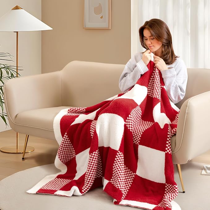 Snuggle Sac Checkered Blanket, Red Throw Blanket for Couch Buffalo Plaid Microfiber Fluffy Warm Cozy Fuzzy Soft Throw Blanket Reversible Checkerered Blankets for Sofa, Chair, Bed, 50x60 inches
