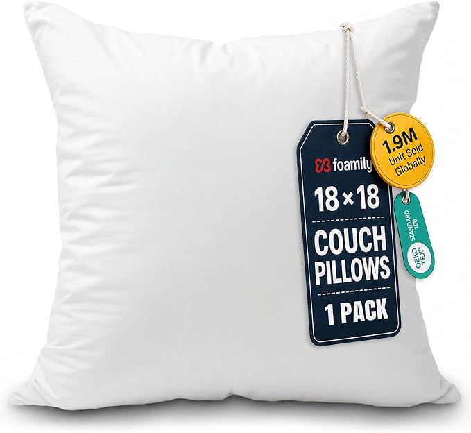 Foamily 18x18 Throw Pillow Insert, White Pillows for Couch, Sofa & Bed | Soft down-alternative fill, hypoallergenic, holds its shape. Fits 18x18 covers. Couch, sofa, bed, nursery decor.