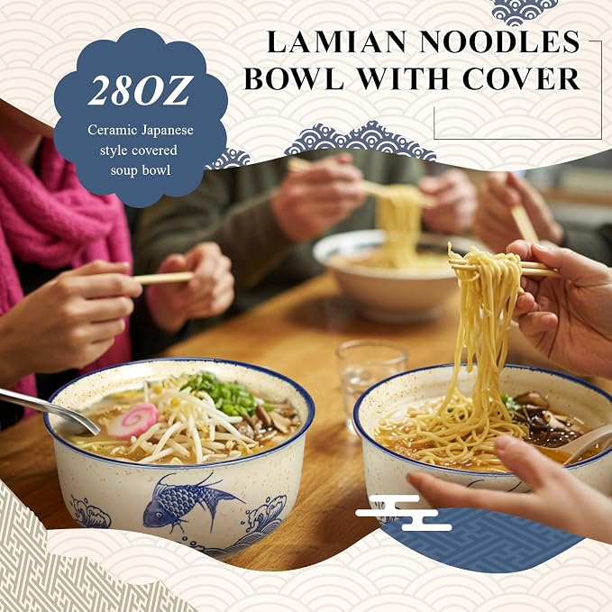 SiliFine Ramen Bowl Set of 2 Ceramic Ramen Bowl with Lid 25oz Microwave Clay Pot Traditional Japanese Tableware Korean Clay Pot for Christmas Soup Salad Meal Rice Home Office(Blue,Oatmeal,Stylish)