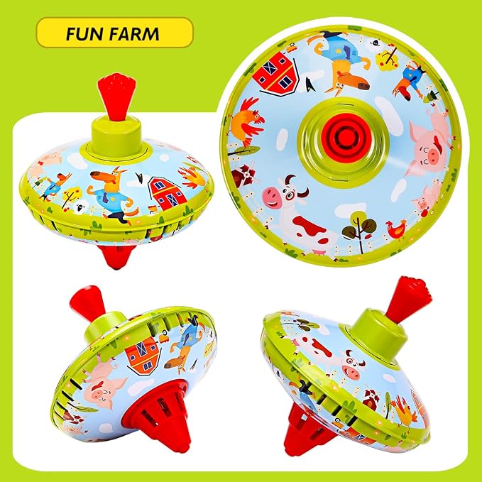 Fun Farm Spinning Top Tin Toy for Kids – Retro Classic Toys - Toddler Traditional Spin Tops - Metal Fidget Spinner for Kindergarten – Sensory Gyroscope - Novelty Present Party Favors