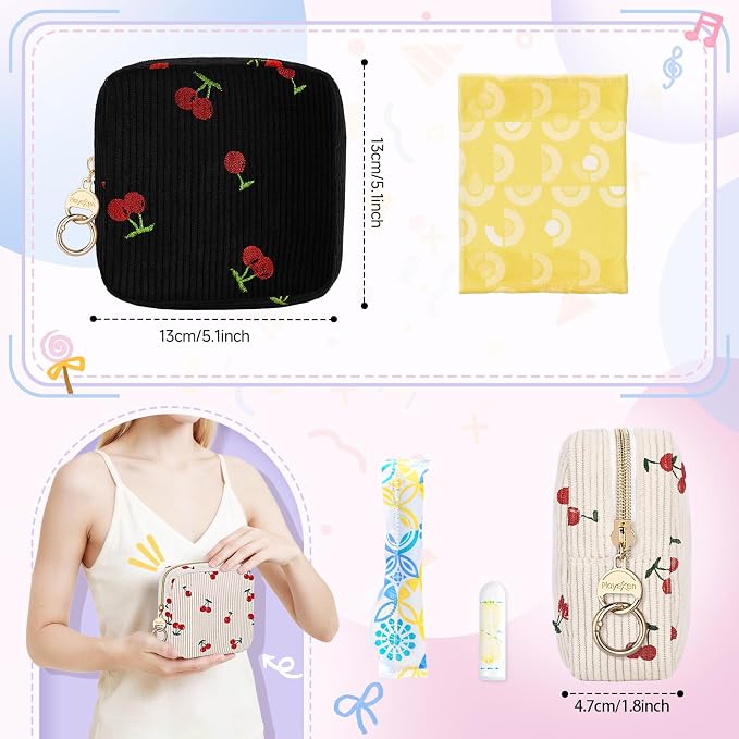 First Period kit for Girls, Corduroy Cute Sanitary Napkin Storage Bag, Menstrual Pad Bag Tampon Holder for Purse, First Period Gifts (Cherry-Black)