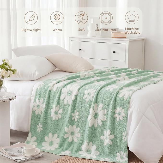 Soft Throw Blanket for Couch-Cozy Reversible Knitted Blankets | Lightweight Warm Fluffy Decor for Women, Mom, Her & Girls, Sofa, Chair, Bed, 50x60in,Daisy Floral Green