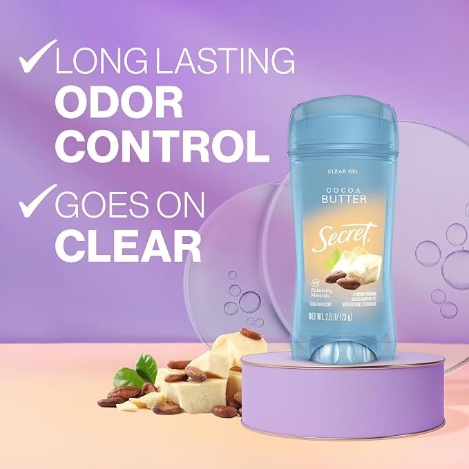 Secret Fresh Antiperspirant Deodorant for Women,72hr Breathable Sweat & Odor Protection,Instant Freshness & Gentle,PH Balancing Minerals,Invisible Solid,Cocoa Butter Scent,2.6 oz,(Pack of 2)