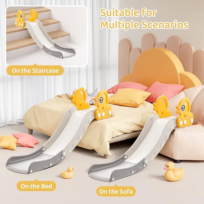 Indoor Kids Baby Couch Slide for Toddler 1-3, Sofa Slide Add-on Attachment for Bed Nugget Playgrounds, with Secure Base Guardrail, Gentle Slope Extended Buffer Zone, Fun Duck Design, Yellow