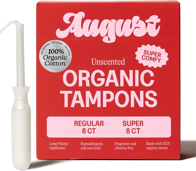 August Regular & Super Tampons - 16-Pack (8 + 8) 100% Organic Cotton Tampons for Women, Non-Toxic, Fragrance-Free, and Hypoallergenic with Long Applicators