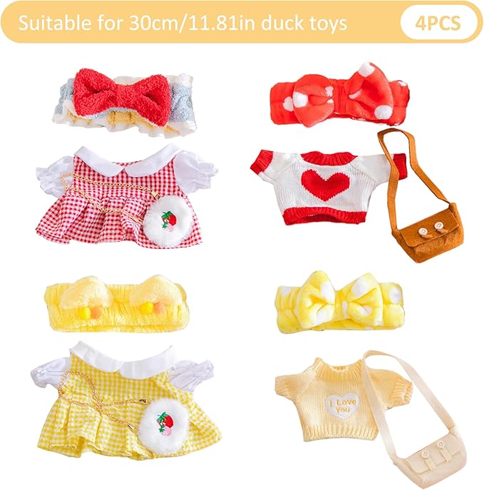 4 Set Clothes for Stuffed Animals Plush Stuffed Animal Clothes for Duck with Headbands, Skirts, Sweaters and Bags DIY Animal Accessories for Kids to Improve Hands-On Skills