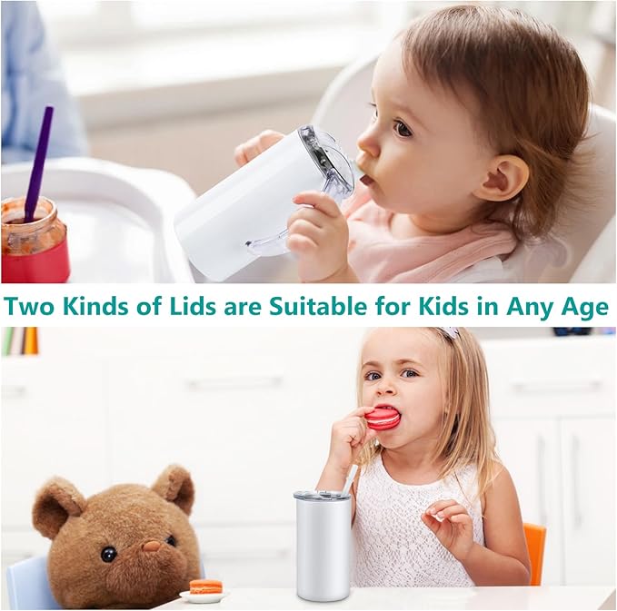 Sublimation Blanks Skinny Sippy Cups, 12oz Spill Proof Stainless Steel Insulated Tumbler with Lid and Straw, Double Wall Water Bottle with Handle for Kids and Children