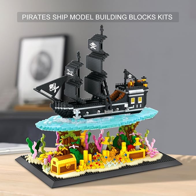 Pirates Ship Model Building Blocks Kits,Classic Mini Micro Blocks Building Set,4059PCS+,MOC Black Pearl Sailboat with Treasure，Collectible Display Model, Great Gift for Adults/Teens