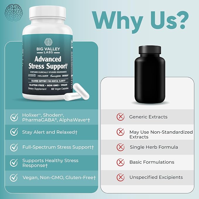 Advanced Stress Support – Holy Basil, Shoden® Ashwagandha, AlphaWave® L-Theanine, PharmaGABA®, Cacao Theobromine – Calm & Clarity Formula – Vegan, Non-GMO, Gluten-Free – 60 Capsules