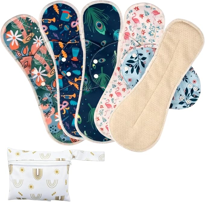 Pure Cotton Mesh Pads Sanitary Napkins,Washable Menstrual Pads,Reusable Incontinence Pads,with 1 Storage Bag,Panty Liners Pads Period for Women/Incontinence Patients.(Colored Flowers/L/5pcs)