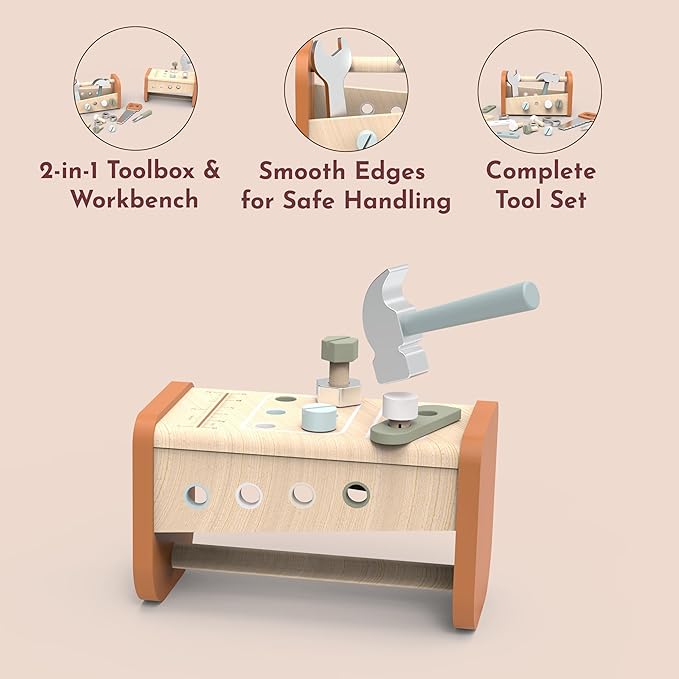 Speedy Monkey 2-in-1 Wooden Tool Box Workbench – FSC Certified Pretend Play Workshop Set for Kids with Tools, Wrench, Hammer & Saw – Role Play Car & Construction Toy for Toddlers & Preschoolers