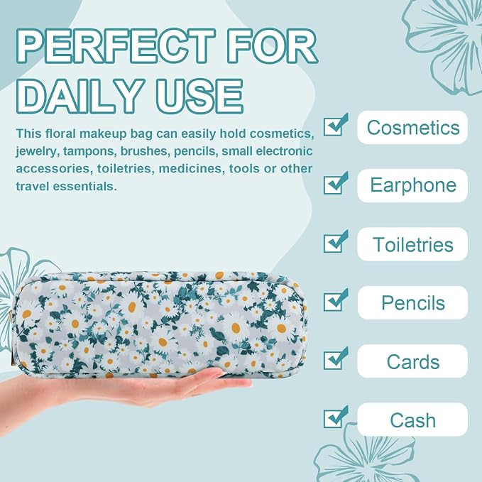 UIXIZQ Waterproof Small Floral Pencil Case Makeup Bag for Purse,Cute Flower Pencil Pouch Preppy Nylon Makeup Brush Holder with Zipper,Girls Portable Storage Case for Work(Slim Green-Daisy)