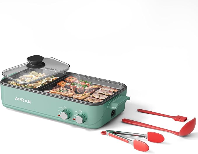 AORAN Electric Hot Pot with Grill, 2-in-1 Indoor Non-Stick Pot for Korean BBQ, Shabu Shabu & Noodles, Dual Temperature Control, Quick Heating with Bonus Accessories Green