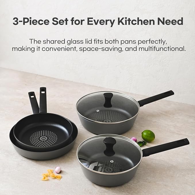 Nonstick B 11 Inch Frying Pan Skillet set with lid, Deep Frying Pan with Diamond Coating Cool Touch Handle, Scratch Resistant Coated, Gas& Electric