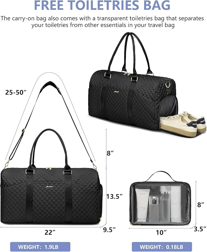 Women Weekender Travel Duffle Bag: Travel Duffel Overnight Bags with Shoe Compartment Large Carry on Tote with Toiletry Bag Weekend Traveling Yoga Gym Hospital Bag for Women with Wet Pocket Black