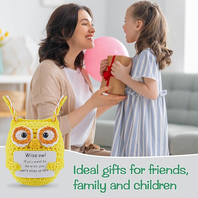 Hoedia Handmade Emotional Pickle Gift, Emotional Cucumber Crochet Doll Inspirational Gifts with Cards, Cute Knitted Funny Support Pickle Friend Birthday (Wise Owl)