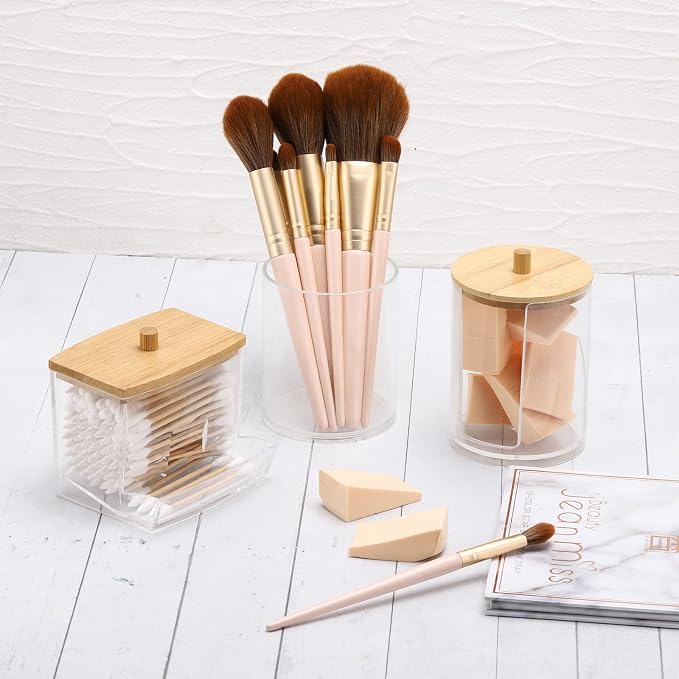 Tbestmax Bathroom Organizer Accessories Set-10 OZ Qtips Holder Storage with Bamboo Lids, Cotton Ball/Swabs Dispenser, Apothecary Container Jar 3 Pcs