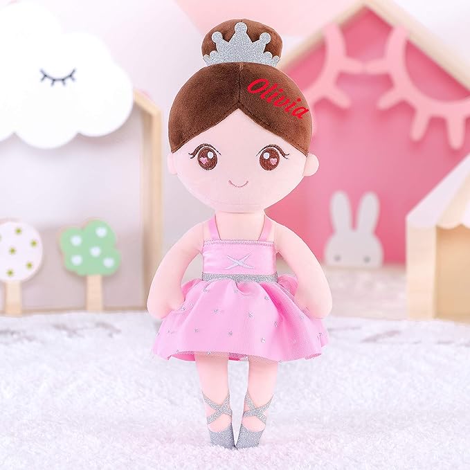 Gloveleya Personalized Baby Girl Doll with Gift Box – Custom Name Soft Plush Ballet Princess Toy, Light Pink Ballerina Doll, Perfect Birthday, Christmas for Kids 13 Inches