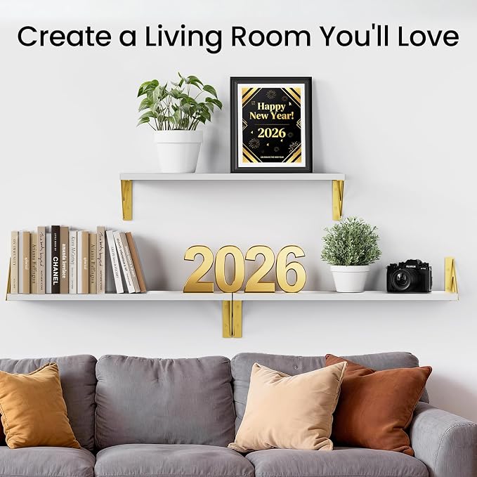 BAYKA Wall Shelves for Bedroom Decor, Floating Shelves for Living Room Kitchen Storage, Wall Mounted Rustic Wood Shelves for Kids Books,Corner Shelves for Bathroom(White and Gold，23in，Set of 3)