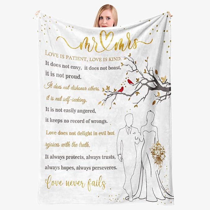 Wedding Gifts for Couples, Bridal Shower Gifts for Bride to Be Soft Blanket | Anniversary Mr and Mrs Gifts, Wedding Gifts for Newlyweds Wedding Throw Blanket 60*50 Inch (White Gold)
