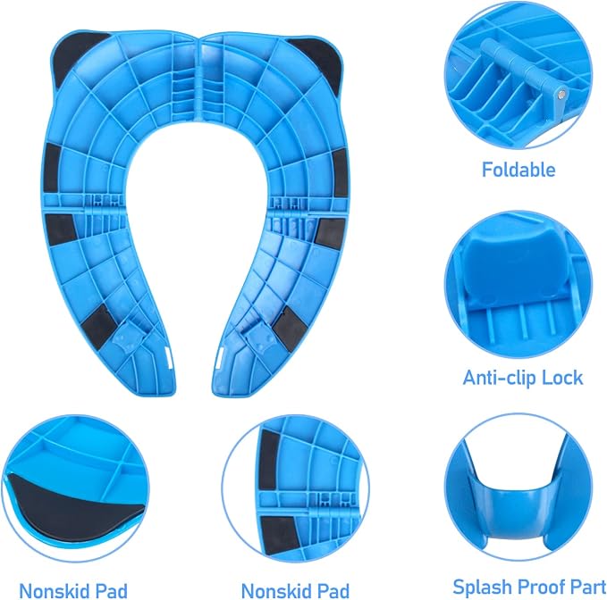 Foldable Toilet Seat Toddler, Portable Toilet Training Seat for Kids, Travel Toddler Toilet Seat in ABS Material with 8 Anti Slip Silicon Pads and 1 Carry Bag, Blue Panda