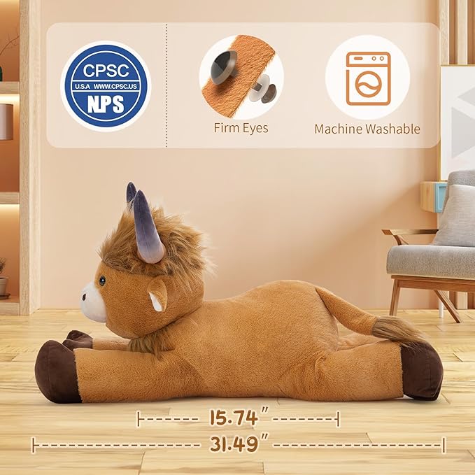 MaoGoLan Big Highland Cow Stuffed Animal for Kid,Large Cow Plush Pillow for Riding,Longhorn Stuffed Animal with Hair,Large Plush Farm Animal for Baby Shower, Birthday Gift,32 inches