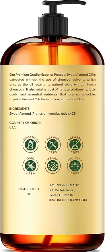 Brooklyn Botany Sweet Almond Oil | 16 Fl Oz | Hair | Face | Body | 100% Pure and Natural | Carrier Oil | Aromatherapy | Massage | Ayurvedic Hair Care | Hexane-Free