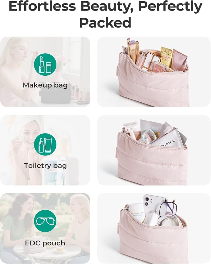 BAGSMART Small Puffy Water-Resist Makeup Bag for Women | Ultra-compact 1.6" profile; disappears into crowded totes, backpacks, carry-ons